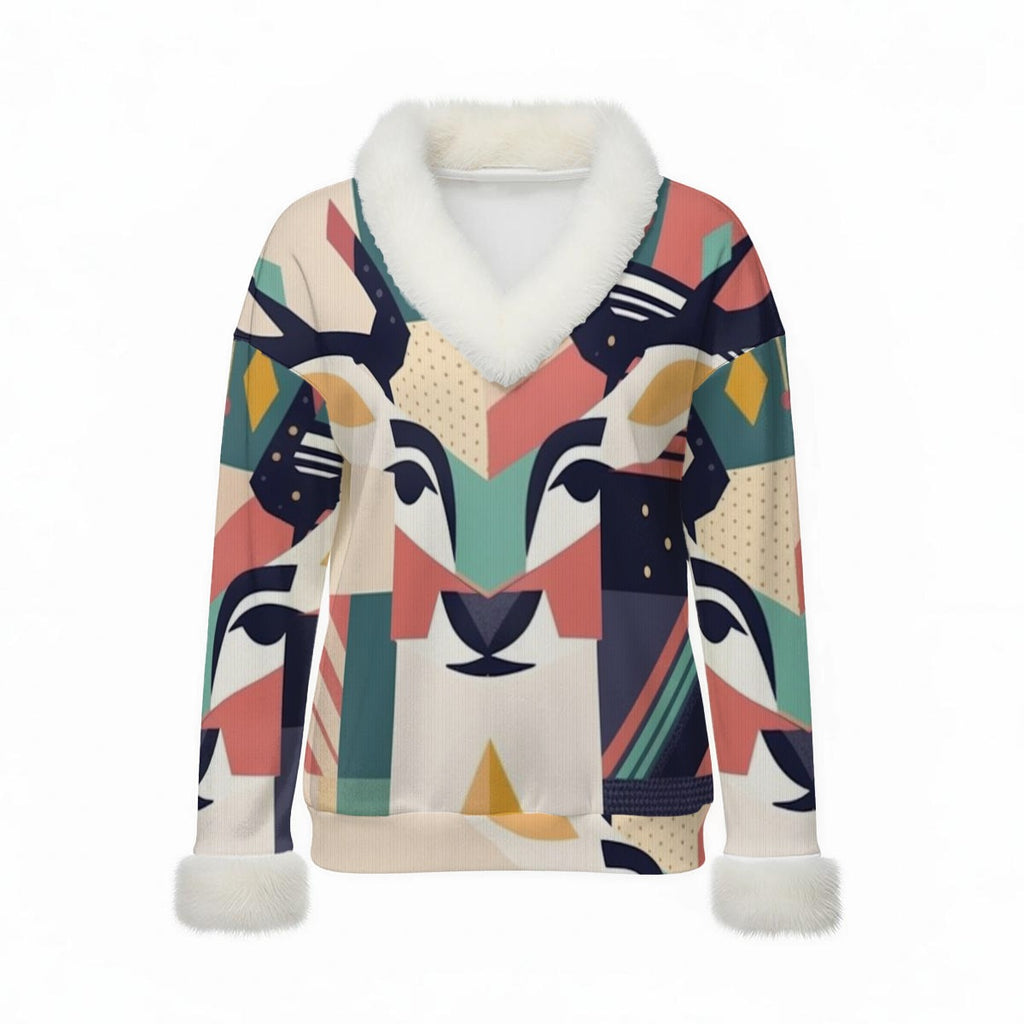 Fur-Trim V-Neck Sweater