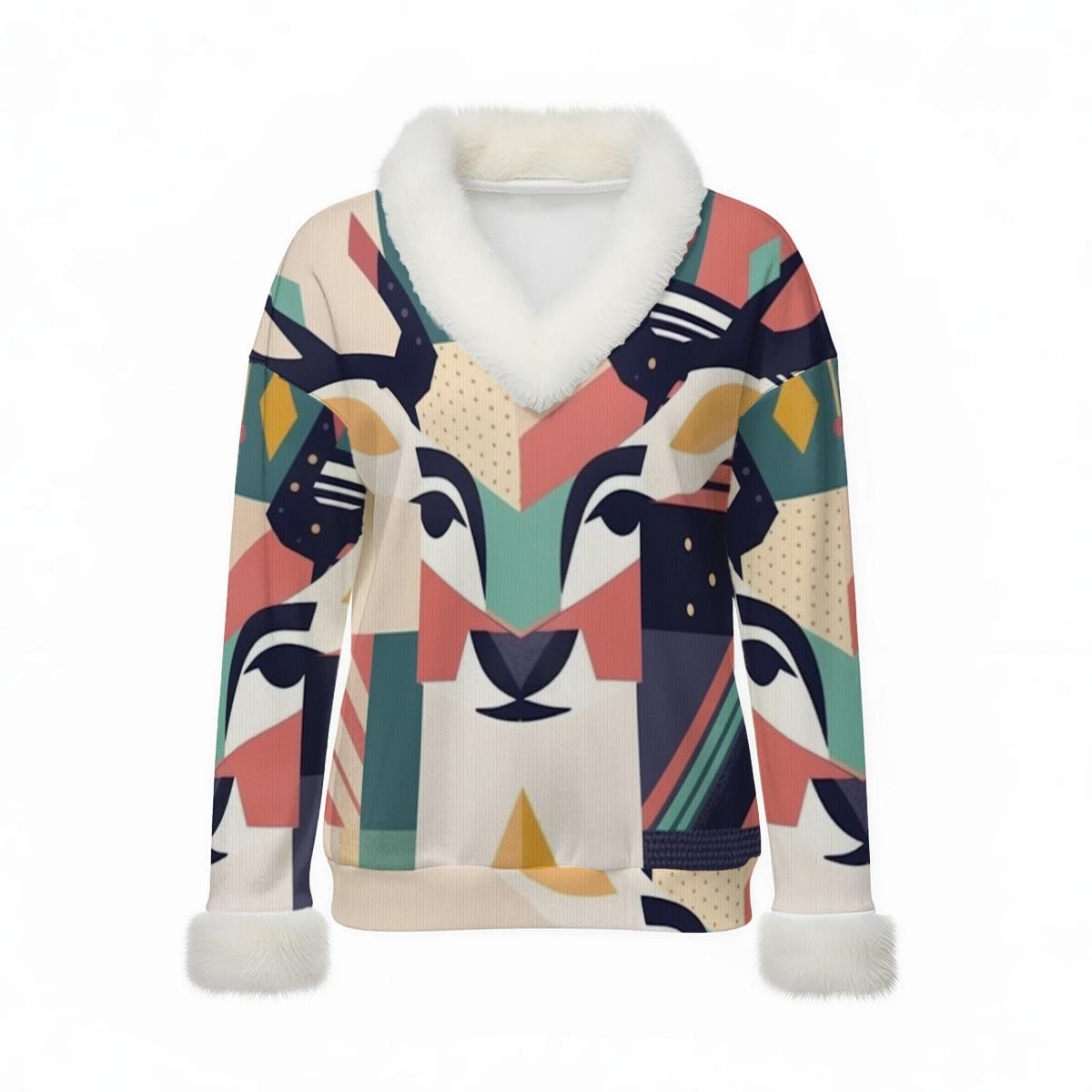 Fur-Trim V-Neck Sweater