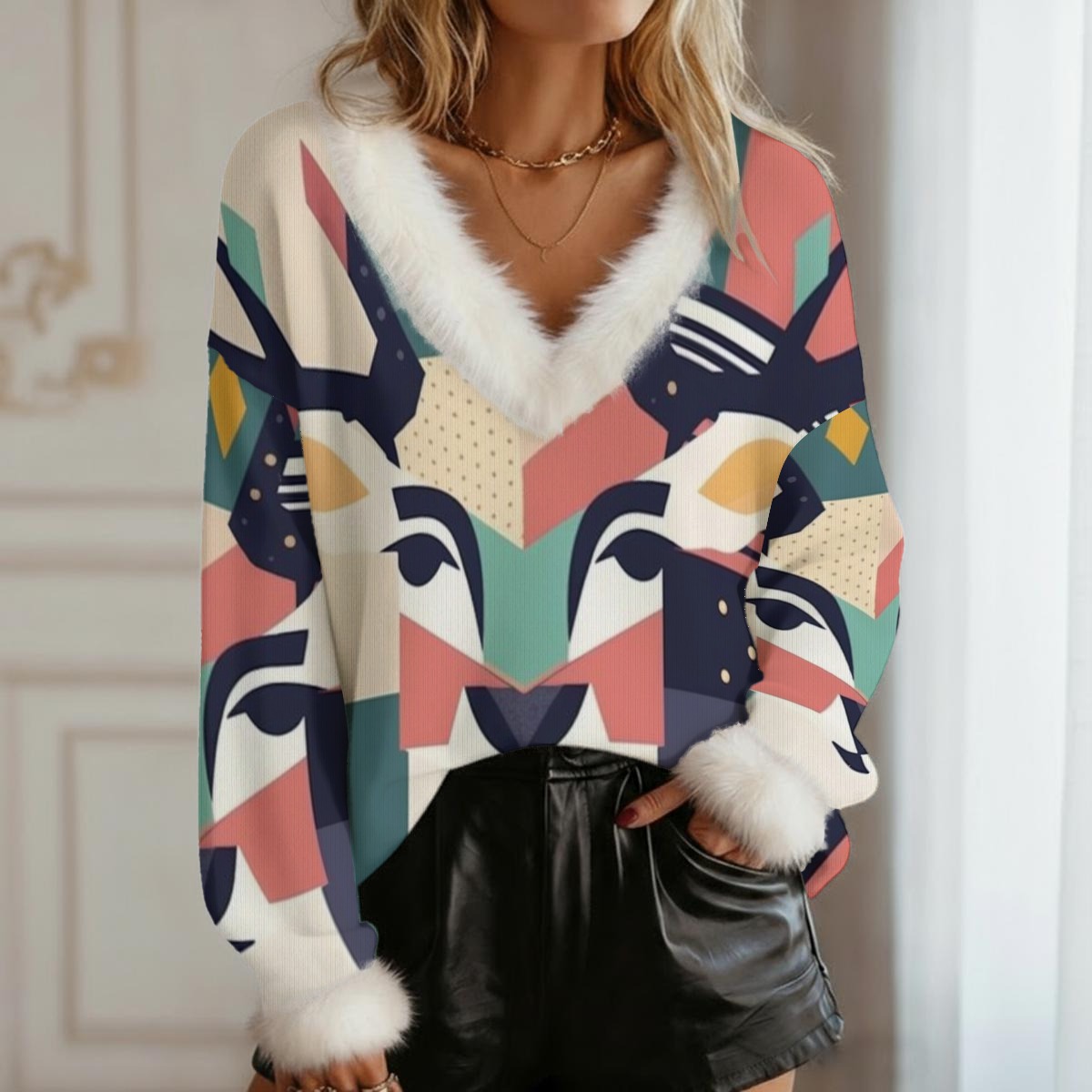 Fur-Trim V-Neck Sweater